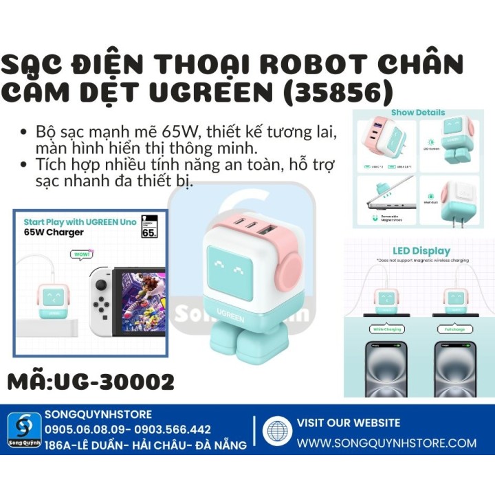 Sạc điện thoại 2 cổng USB-C và 1 USB GaN 65W màu xanh pha hồng tạo hình robot chân cắm dẹt Ugreen (35856) (UG-30002)