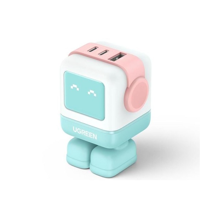 Sạc điện thoại 2 cổng USB-C và 1 USB GaN 65W màu xanh pha hồng tạo hình robot chân cắm dẹt Ugreen (35856) (UG-30002)