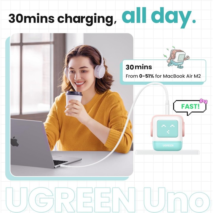 Sạc điện thoại 2 cổng USB-C và 1 USB GaN 65W màu xanh pha hồng tạo hình robot chân cắm dẹt Ugreen (35856) (UG-30002)