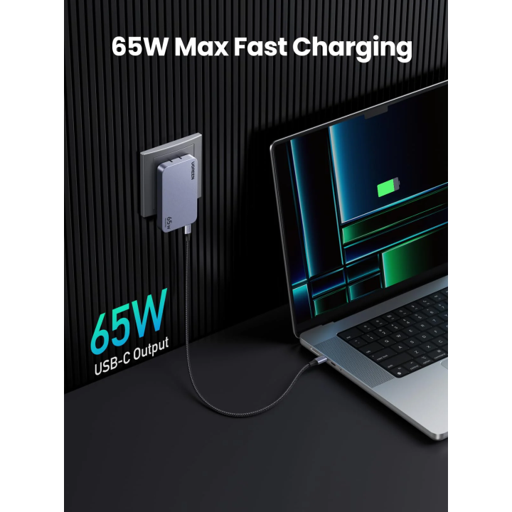 Sạc điện thoại 2 cổng USB-C và 1 USB Nexode Pro hỗ trợ GaN 65W màu ghi xám Ugreen (15817) (UG-30004)