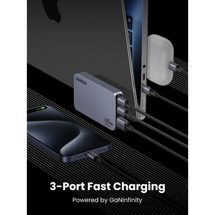 Sạc điện thoại 2 cổng USB-C và 1 USB Nexode Pro hỗ trợ GaN 65W màu ghi xám Ugreen (15817) (UG-30004)