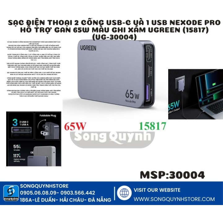 Sạc điện thoại 2 cổng USB-C và 1 USB Nexode Pro hỗ trợ GaN 65W màu ghi xám Ugreen (15817) (UG-30004)