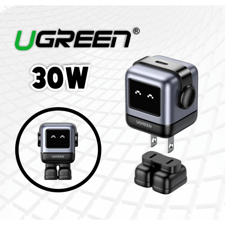 Sạc điện thoại 1 cổng USB-C GaN 30W màu đen tạo hình robot chân cắm dẹt Ugreen (15550) (UG-30005)