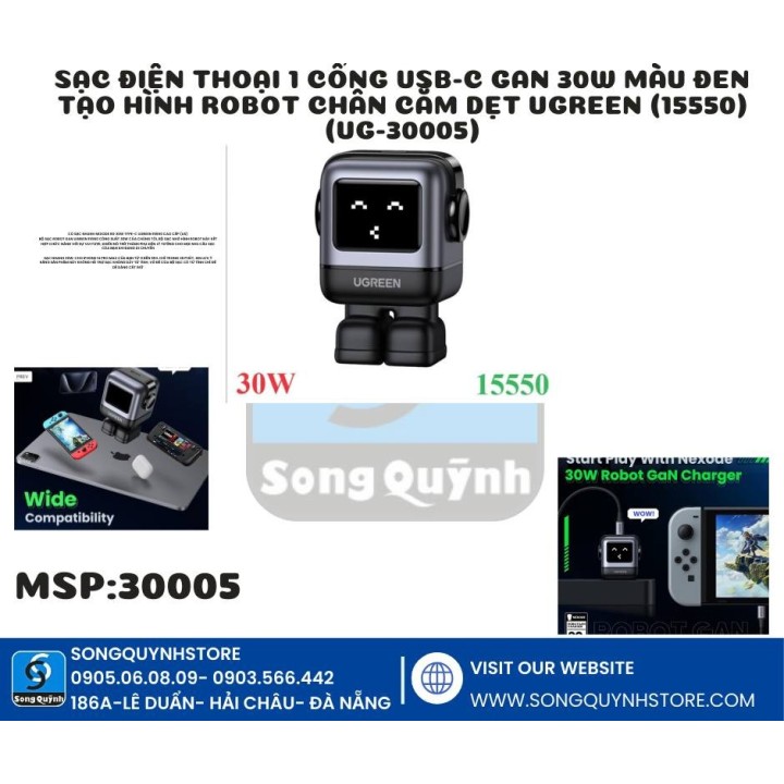 Sạc điện thoại 1 cổng USB-C GaN 30W màu đen tạo hình robot chân cắm dẹt Ugreen (15550) (UG-30005)