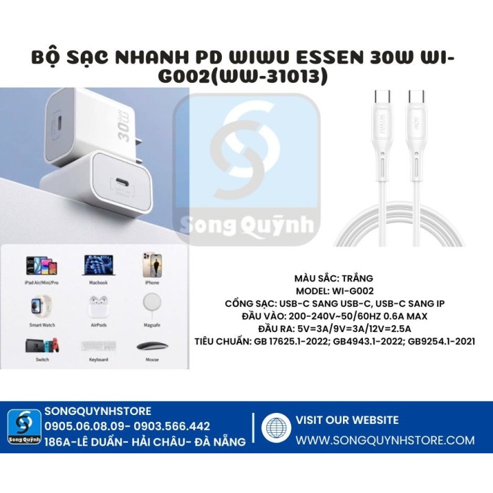 Bộ sạc nhanh PD Wiwu Essen 30W Wi-G002 (WW-31013) (C to i) & (C to C )