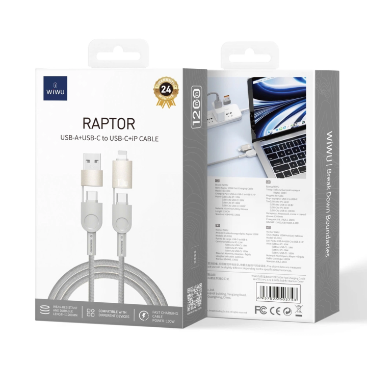 Cáp sạc Wiwu Raptor USB-A+USB-C to USB-C+iP Wi-C051 100W (1m2) (WW-41002)