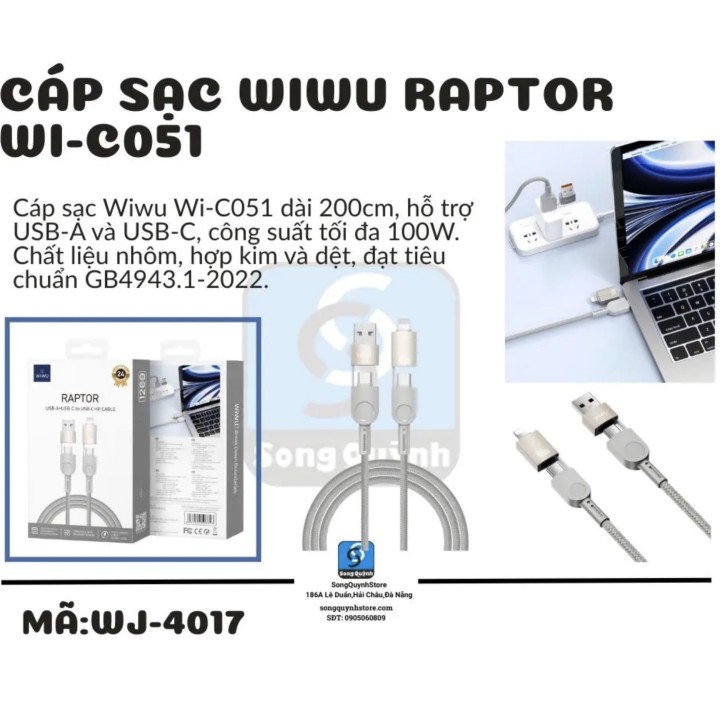Cáp sạc Wiwu Raptor USB-A+USB-C to USB-C+iP Wi-C051 100W (1m2) (WW-41002)